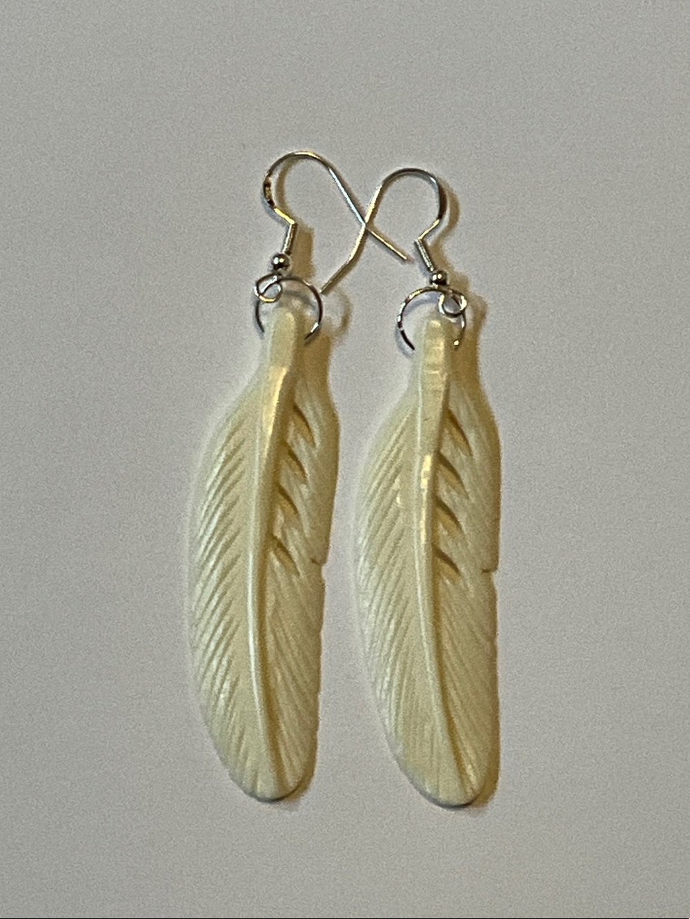 Carved Buffalo Cream Bone Feather Drop Earrings with 925 Silver Hooks